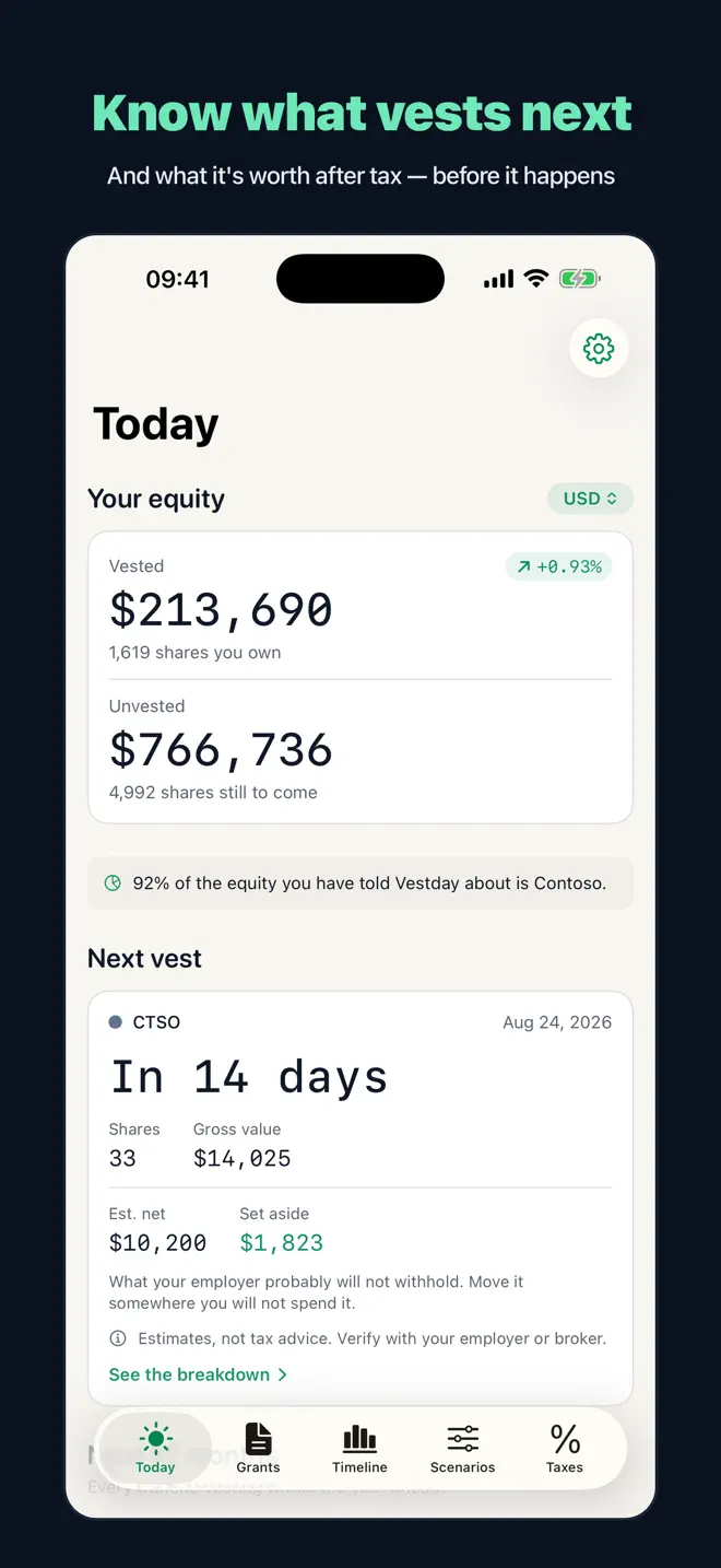 Vestday Today screen showing example vested and unvested holdings, a next vest, and estimated tax to set aside.