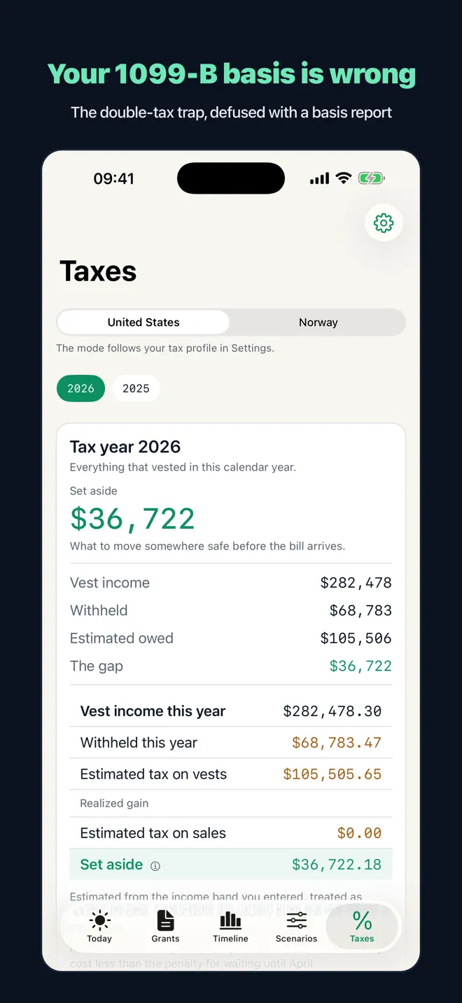Vestday Taxes screenshot showing example estimated tax and withholding.