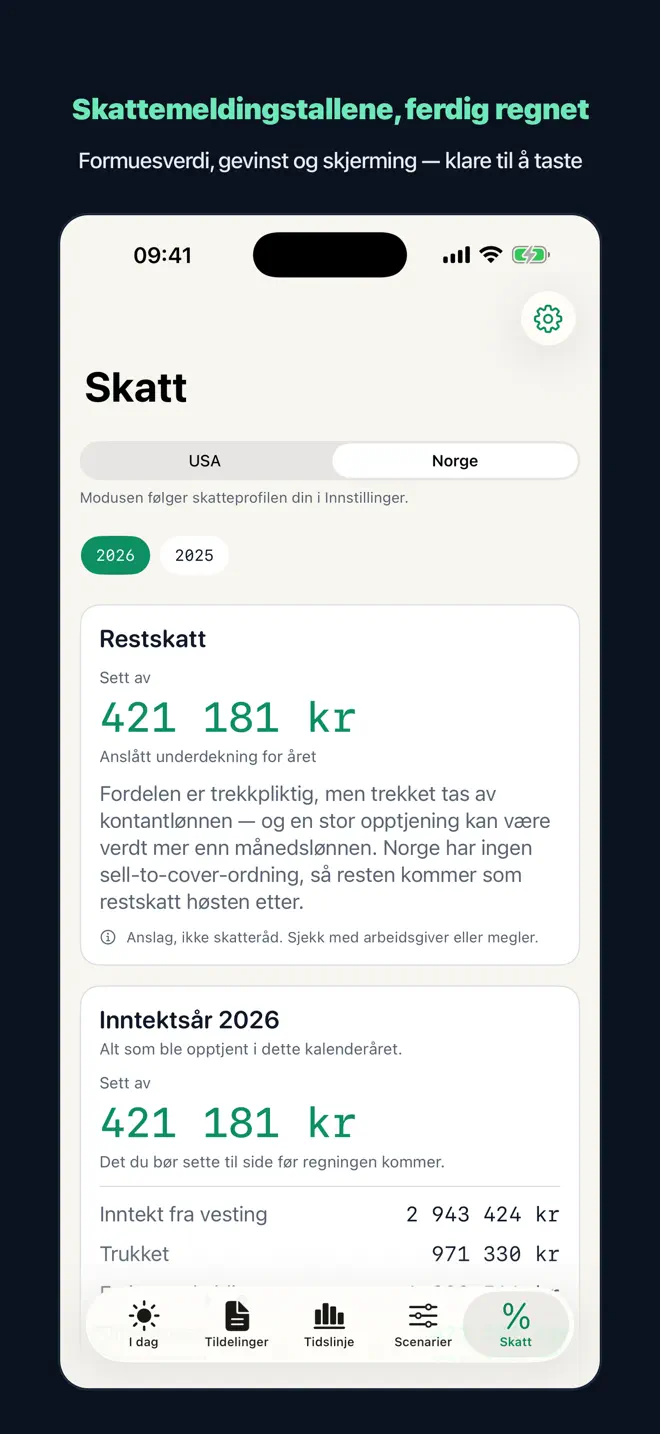 Skatt-visningen i Vestday med eksempel på anslått restskatt, vestinginntekt og skattetrekk.